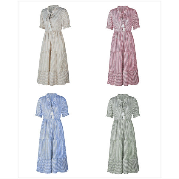 Women's Casual Striped Beach Ruffle Puff Sleeve Dresses