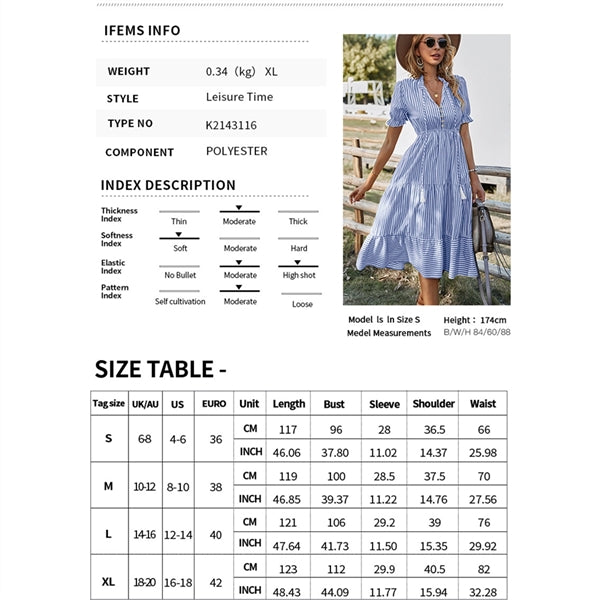Women's Casual Striped Beach Ruffle Puff Sleeve Dresses