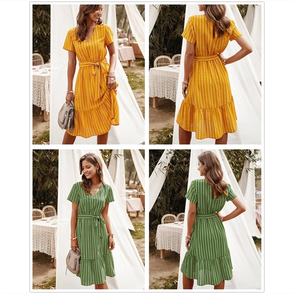 Women's Short Sleeve Striped Casual Flowy Midi Belt Dress