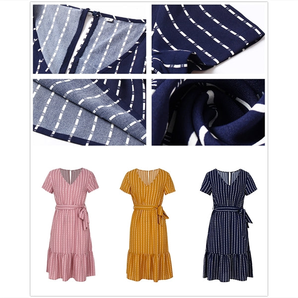 Women's Short Sleeve Striped Casual Flowy Midi Belt Dress