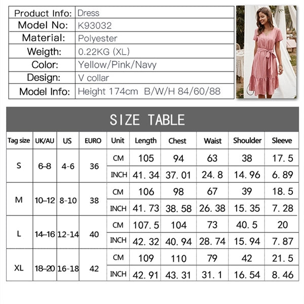 Women's Short Sleeve Striped Casual Flowy Midi Belt Dress