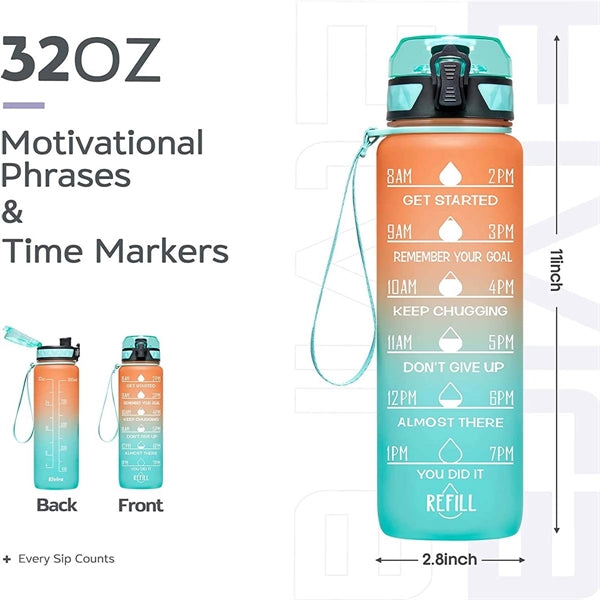 32oz Motivational Sports Water Bottle with Time Marker
