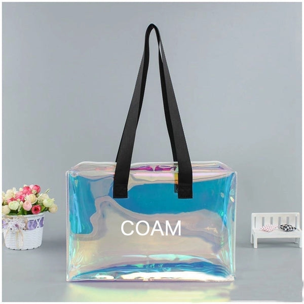 Holographic Rainbow Shopping Bag With Zipper (10X4X8 In)