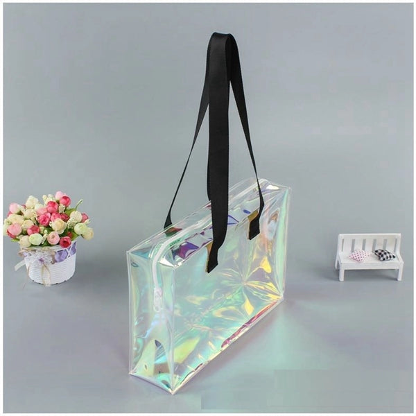 Holographic Rainbow Shopping Bag With Zipper (10X4X8 In)