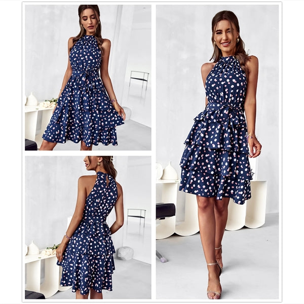 Floral Print Halter Neck Polka Dot Boho Beach Short Dress