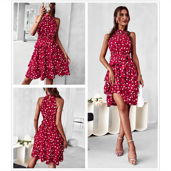 Floral Print Halter Neck Polka Dot Boho Beach Short Dress