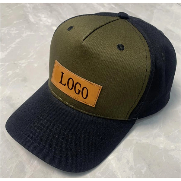 5 Panel Leather Patch Baseball Cap With Hook&Loop Back
