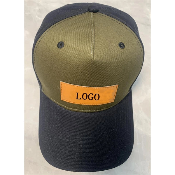 5 Panel Leather Patch Baseball Cap With Hook&Loop Back