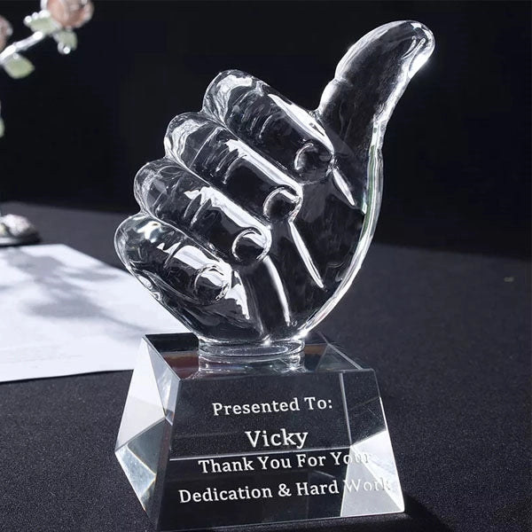 Engraved Crystal Thumbs Up Trophy