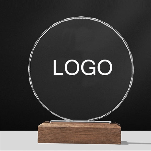 Round Faceted Crystal Award on Wood Base
