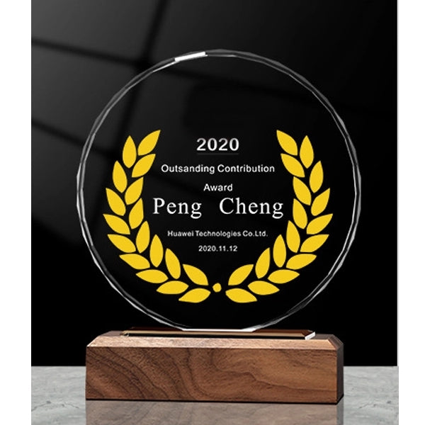 Round Faceted Crystal Award on Wood Base