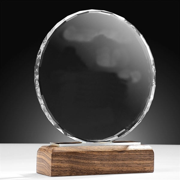 Round Faceted Crystal Award on Wood Base