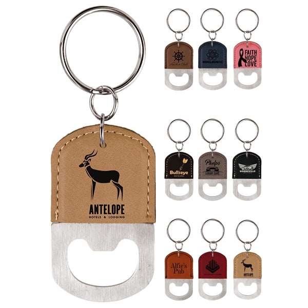 Oval Leatherette Bottle Opener Keychain Laser Engraved