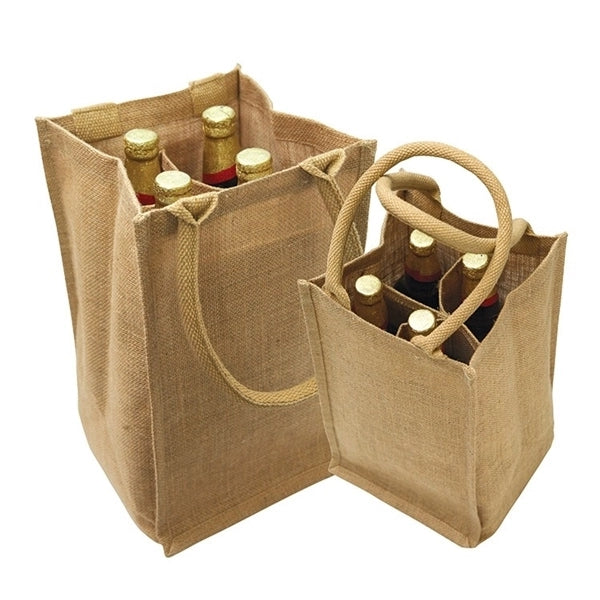 Jute 4 Bottle Wine Bag w/ Cotton Webbed Handles (8 x 14 x 8)