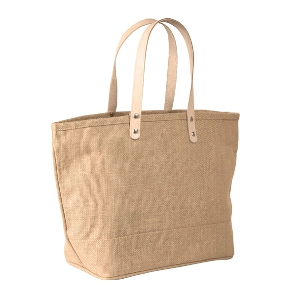 Jute Tote Bag w/ Leather Handles/Zipper Closure & Pocket (S)
