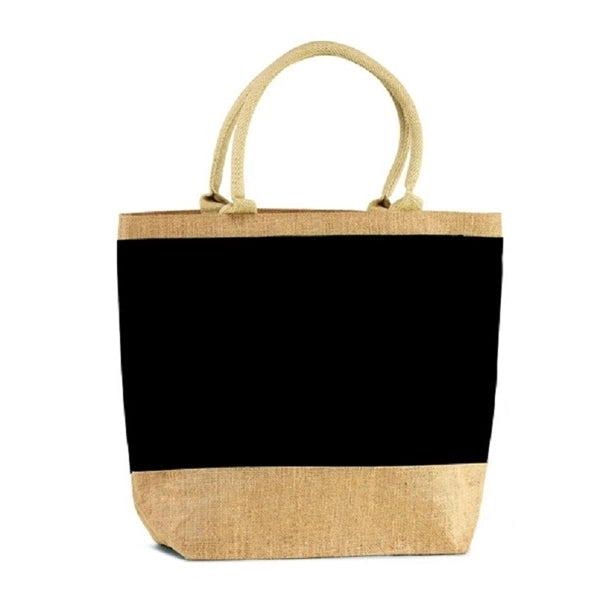 Two Tone Jute Beach Tote with Cotton Webbed Handles & Zipper