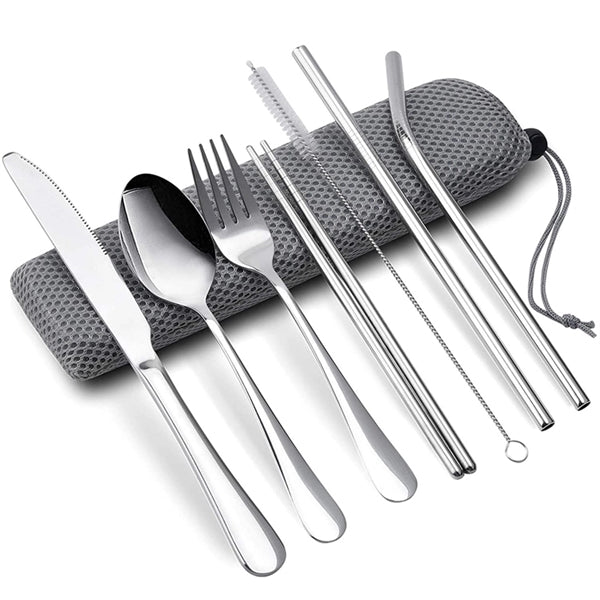 7 in 1 Stainless Steel Knife Fork Spoon Chopsticks Straw Set