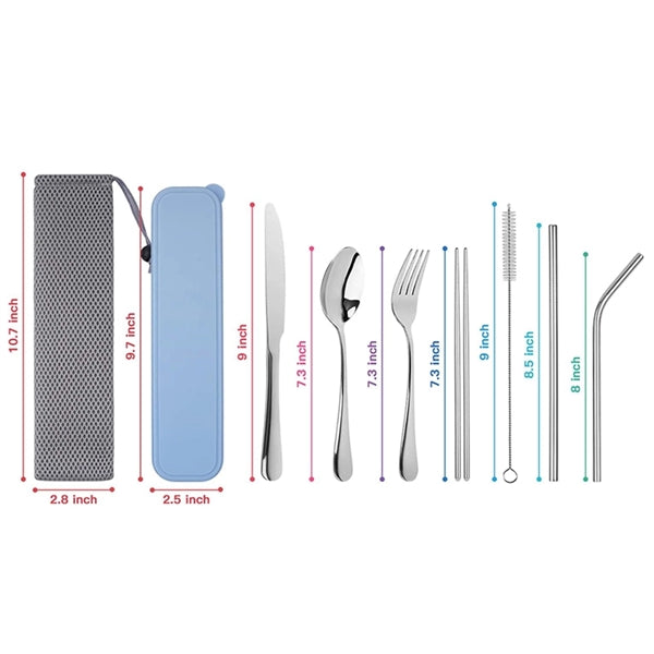 7 in 1 Stainless Steel Knife Fork Spoon Chopsticks Straw Set