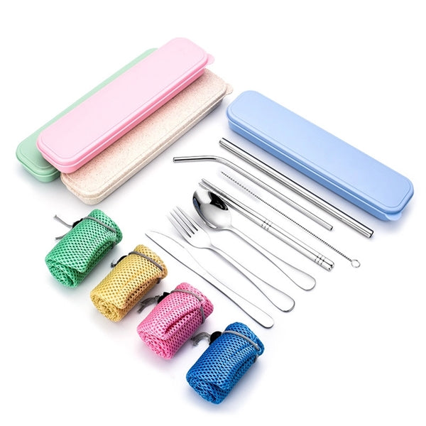 7 in 1 Stainless Steel Knife Fork Spoon Chopsticks Straw Set