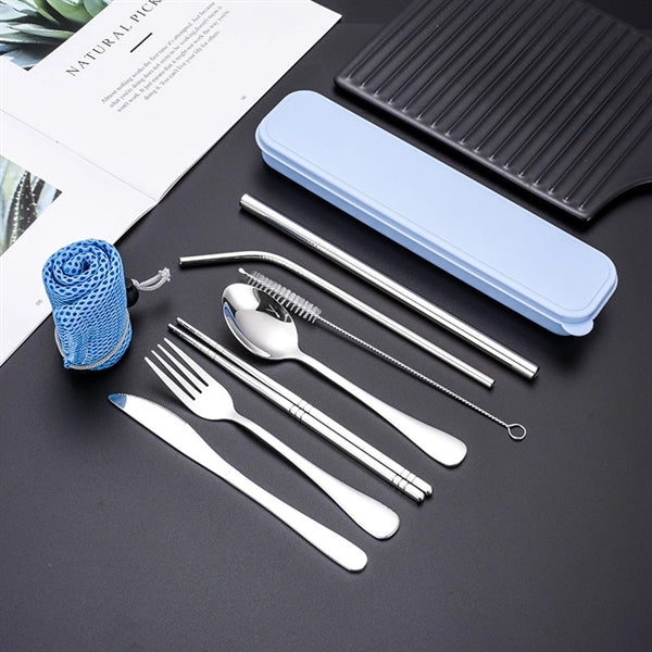 7 in 1 Stainless Steel Knife Fork Spoon Chopsticks Straw Set