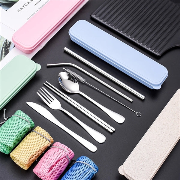 7 in 1 Stainless Steel Knife Fork Spoon Chopsticks Straw Set