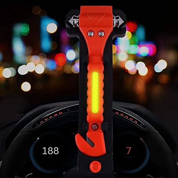 Car safety belt cutter with escape hammer