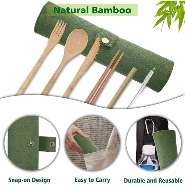 Bamboo 7 Pcs Cutlery Set With Mountaineering Buckle