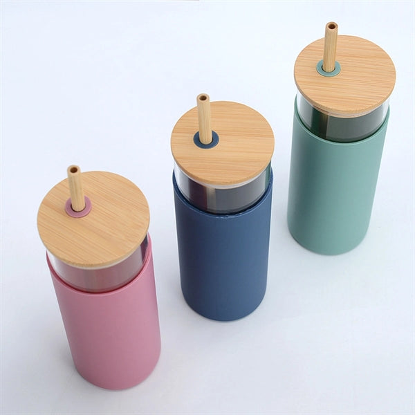 Wood Lid Straw Glass With Silicone Cover