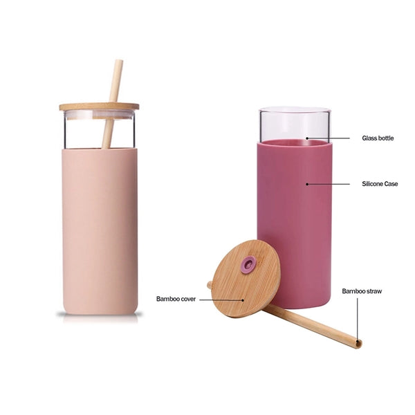 Wood Lid Straw Glass With Silicone Cover