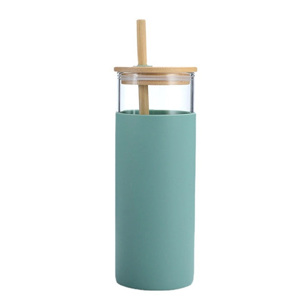 Wood Lid Straw Glass With Silicone Cover