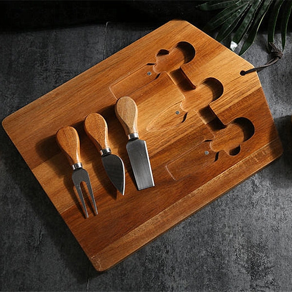 Acacia Wood Tray With 3-Knives Set