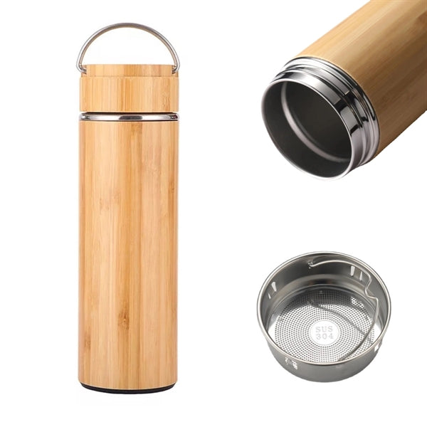 15 Oz Bamboo Vacuum Thermos Tea Infuser With Handle