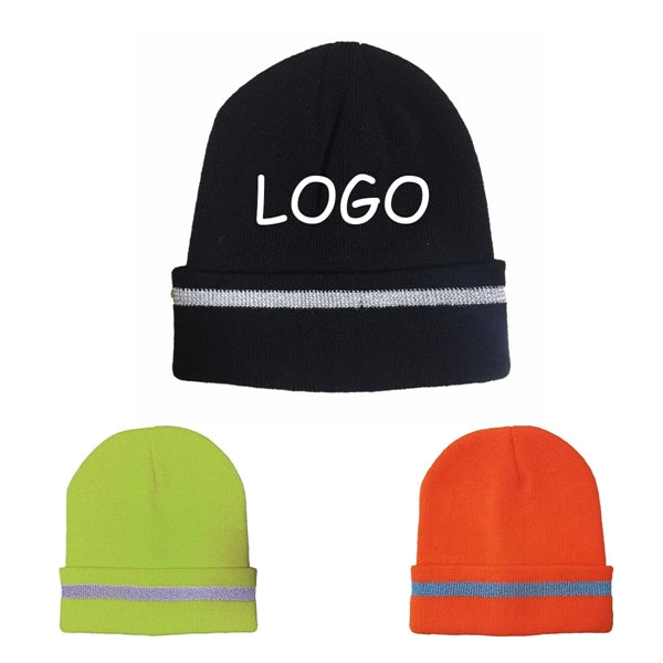 Knit Beanie Hat With Reflective Stripe
