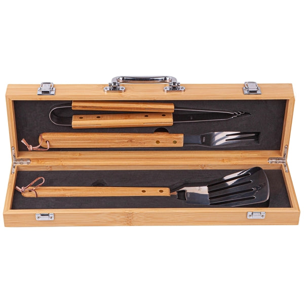 3-Piece BBQ Grill Utensil Set with Bamboo Case
