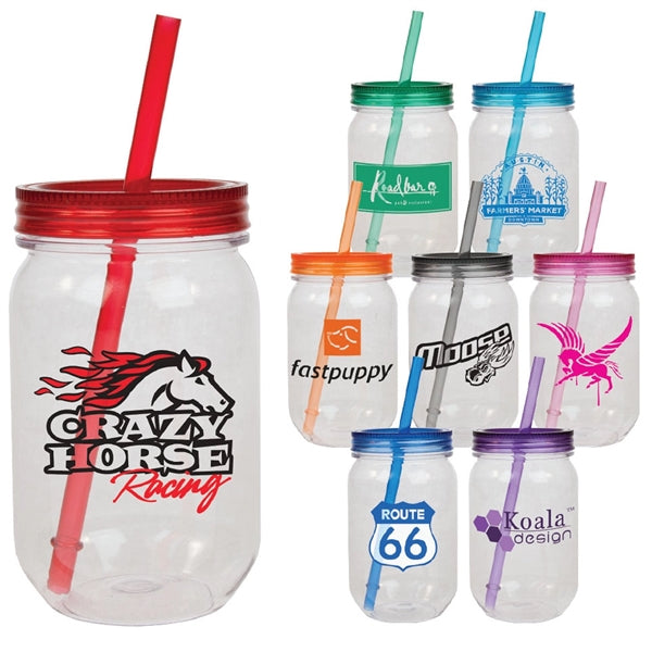 24 Oz.Plastic Mason Jar Cup w/Straw