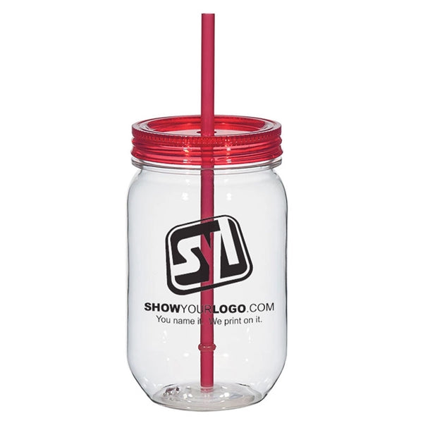 24 Oz.Plastic Mason Jar Cup w/Straw