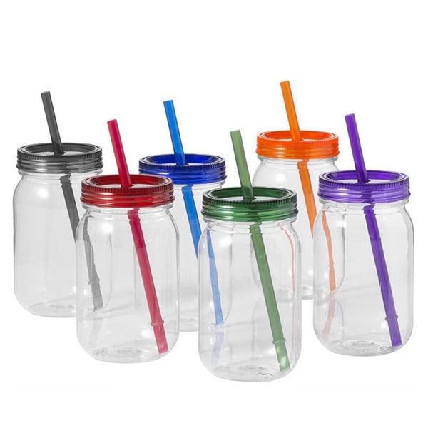 24 Oz.Plastic Mason Jar Cup w/Straw
