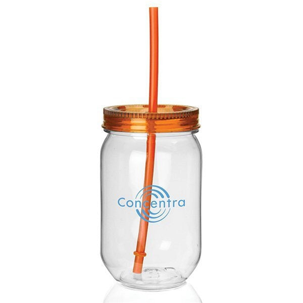24 Oz.Plastic Mason Jar Cup w/Straw