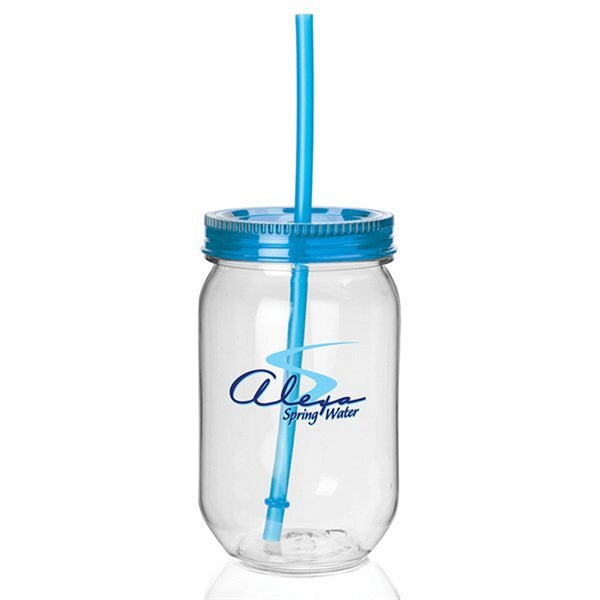 24 Oz.Plastic Mason Jar Cup w/Straw
