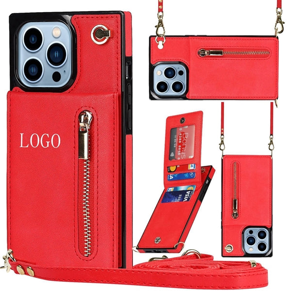 Leather Wallet Case Phone 13Pro Max Crossbody Strap Stand