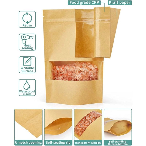 6.3" X 8.6" Kraft Ziplock Stand Up Bags with Window