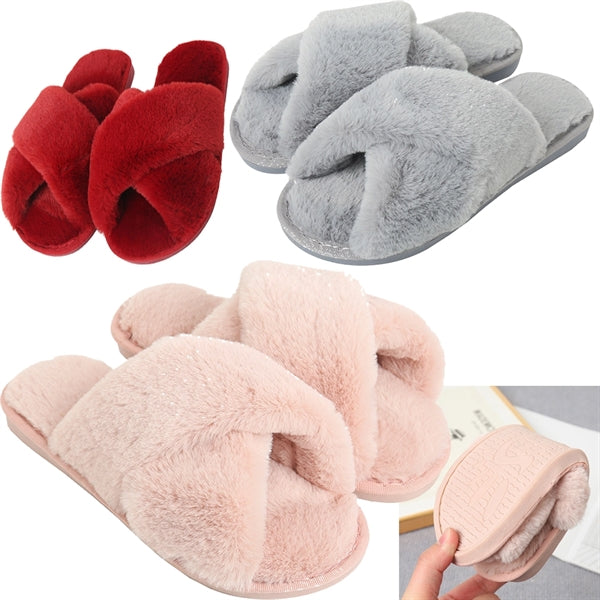 Comfy Open Toe Cross Fluffy Slipper Fuzzy Flip Flops