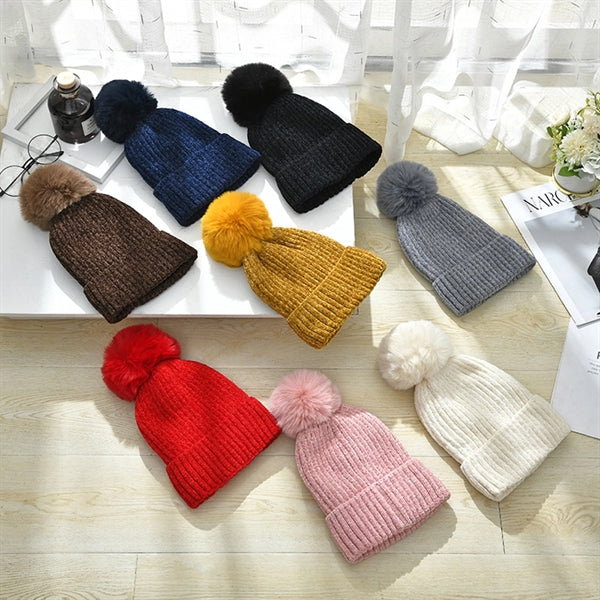 Fleece Lined Winter Chenille Pompom Cuffed Knit Beanie