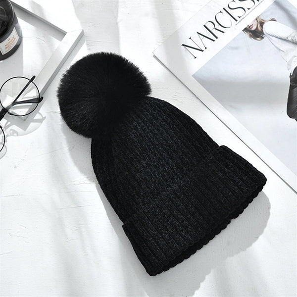 Fleece Lined Winter Chenille Pompom Cuffed Knit Beanie