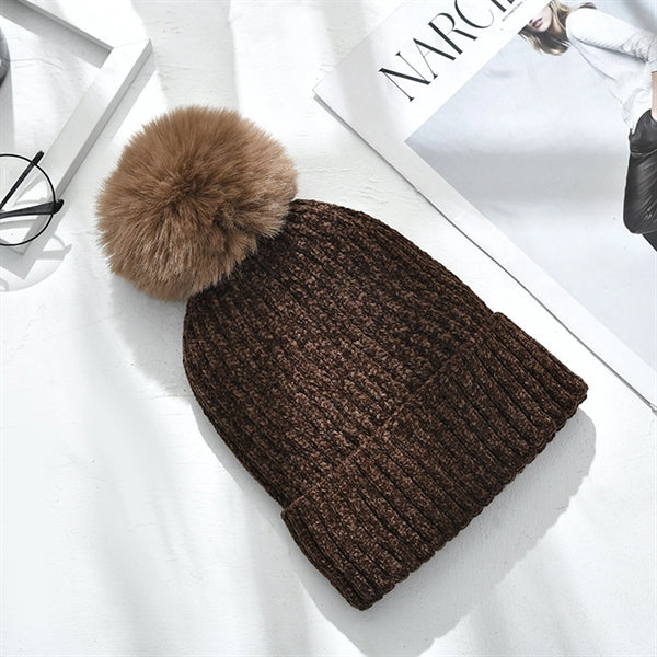 Fleece Lined Winter Chenille Pompom Cuffed Knit Beanie