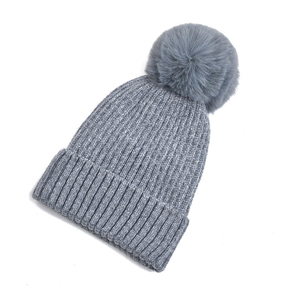 Fleece Lined Winter Chenille Pompom Cuffed Knit Beanie