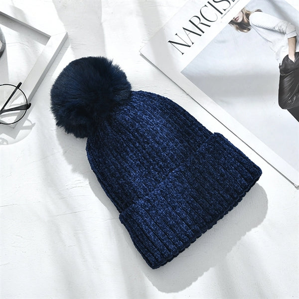 Fleece Lined Winter Chenille Pompom Cuffed Knit Beanie