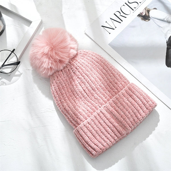 Fleece Lined Winter Chenille Pompom Cuffed Knit Beanie
