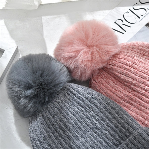 Fleece Lined Winter Chenille Pompom Cuffed Knit Beanie