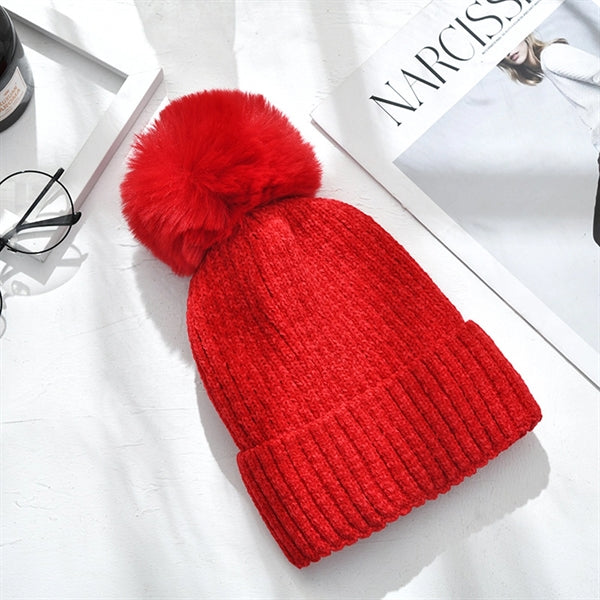 Fleece Lined Winter Chenille Pompom Cuffed Knit Beanie